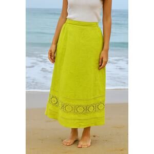Women's lime Green Linen A-Line Maxi Skirt Crochet Lace Inset Cottagecore Sz 2X
